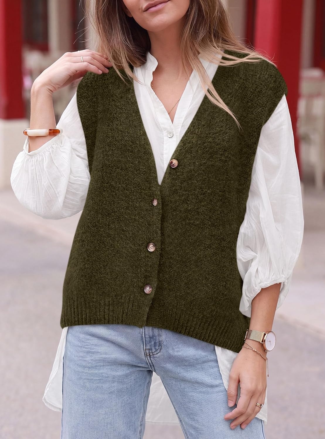 image:imagePRETTYGARDEN Womens Fall Sleeveless Button Down Sweater VestArmy Green