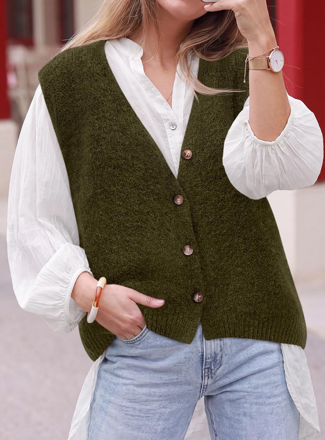image:imagePRETTYGARDEN Womens Fall Sleeveless Button Down Sweater VestArmy Green