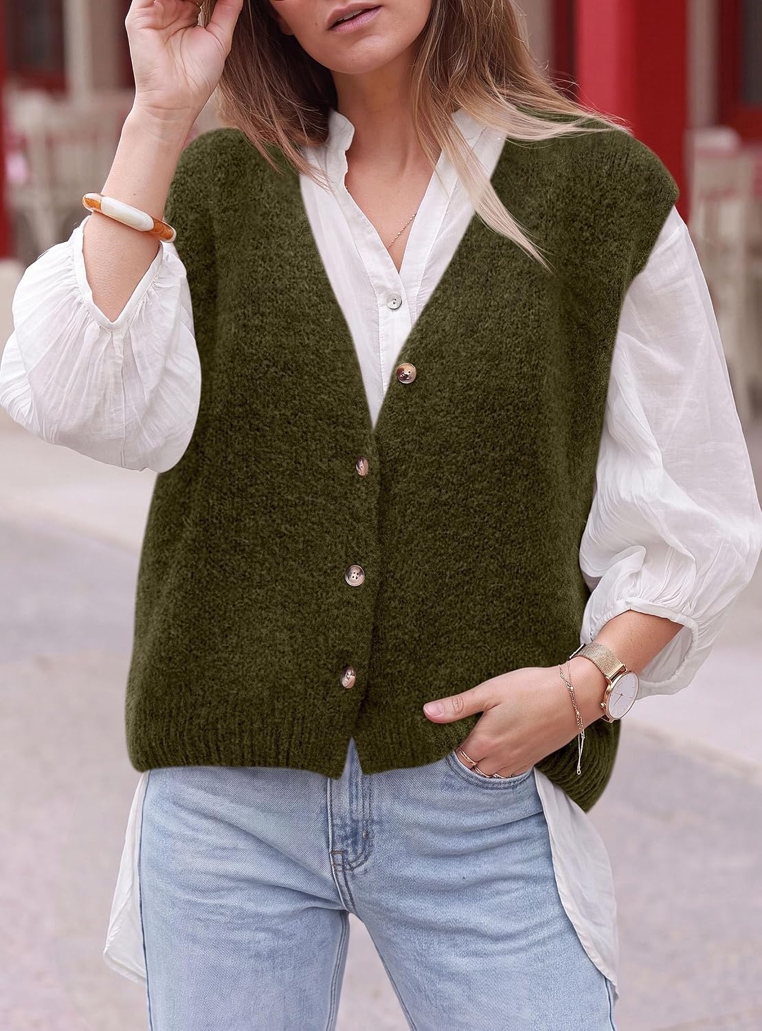image:imagePRETTYGARDEN Womens Fall Sleeveless Button Down Sweater VestArmy Green