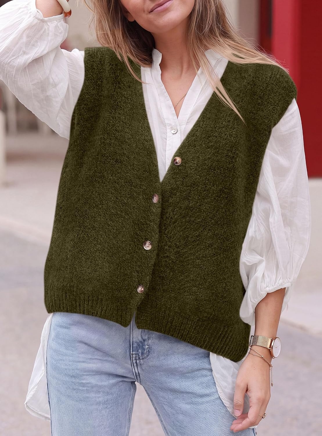 image:imagePRETTYGARDEN Womens Fall Sleeveless Button Down Sweater VestArmy Green