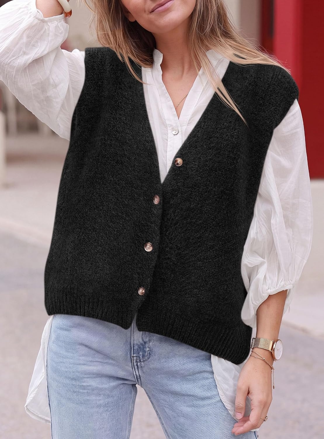image:imagePRETTYGARDEN Womens Fall Sleeveless Button Down Sweater VestBlack