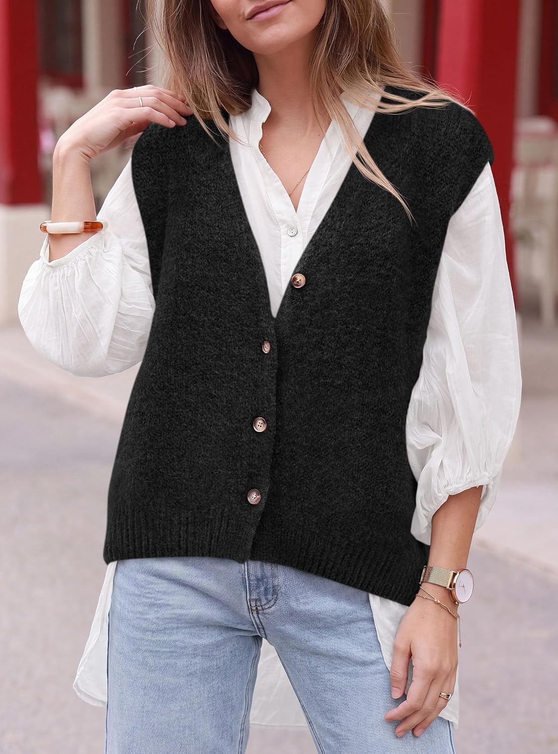 image:imagePRETTYGARDEN Womens Fall Sleeveless Button Down Sweater VestBlack