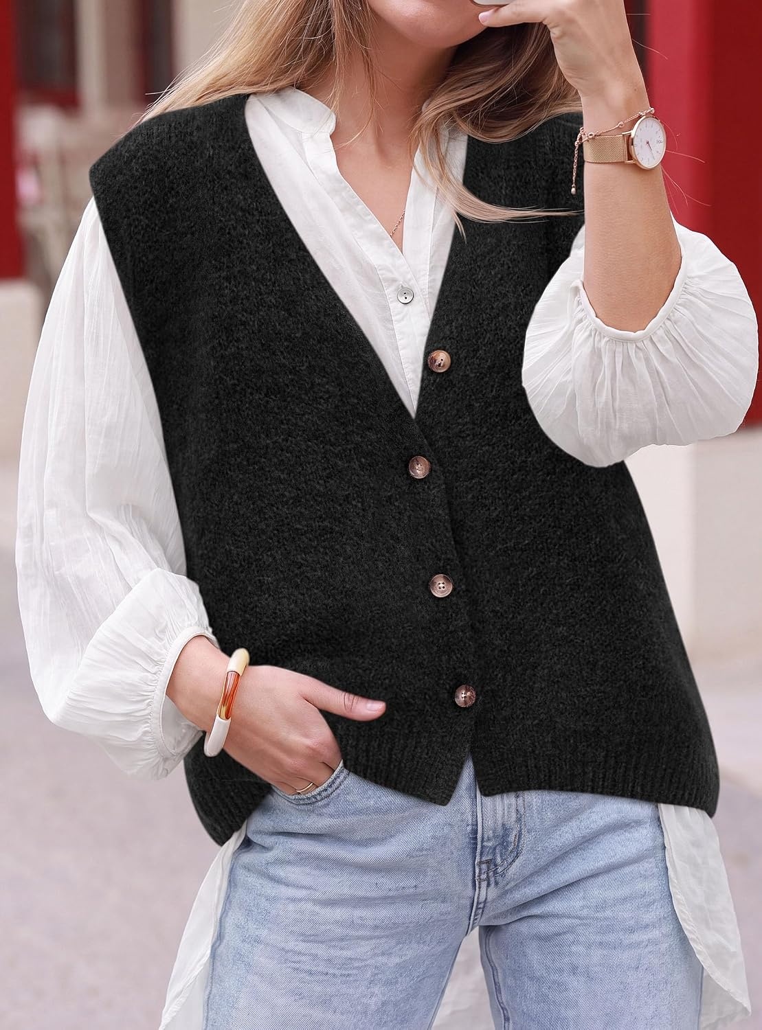 image:imagePRETTYGARDEN Womens Fall Sleeveless Button Down Sweater VestBlack