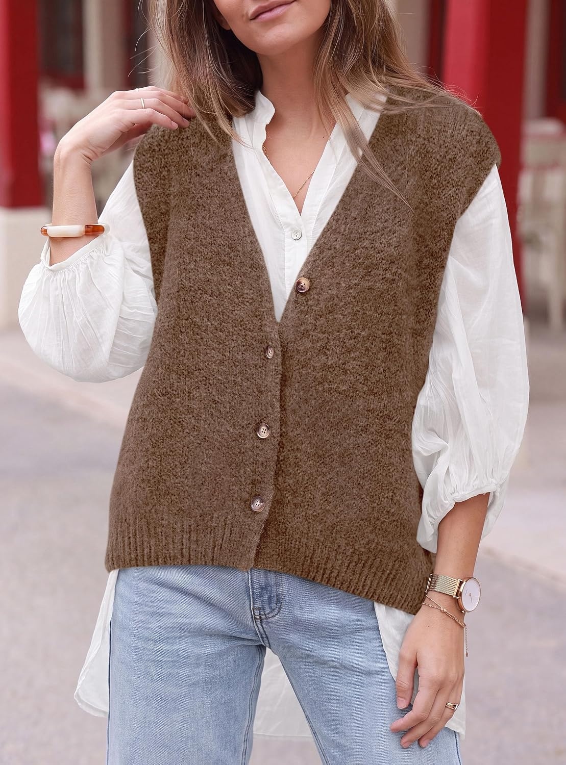 image:imagePRETTYGARDEN Womens Fall Sleeveless Button Down Sweater VestKhaki