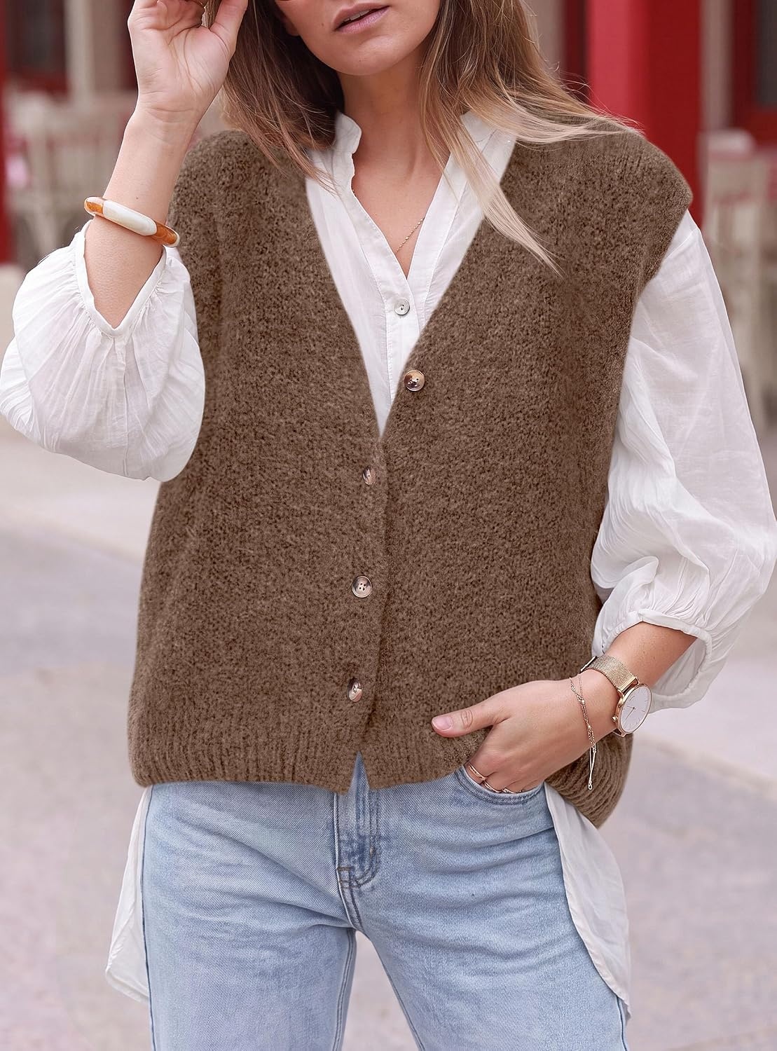 image:imagePRETTYGARDEN Womens Fall Sleeveless Button Down Sweater VestKhaki