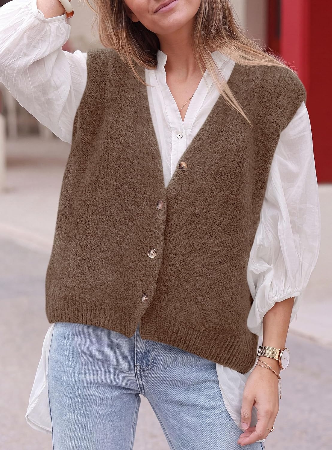 image:imagePRETTYGARDEN Womens Fall Sleeveless Button Down Sweater VestKhaki