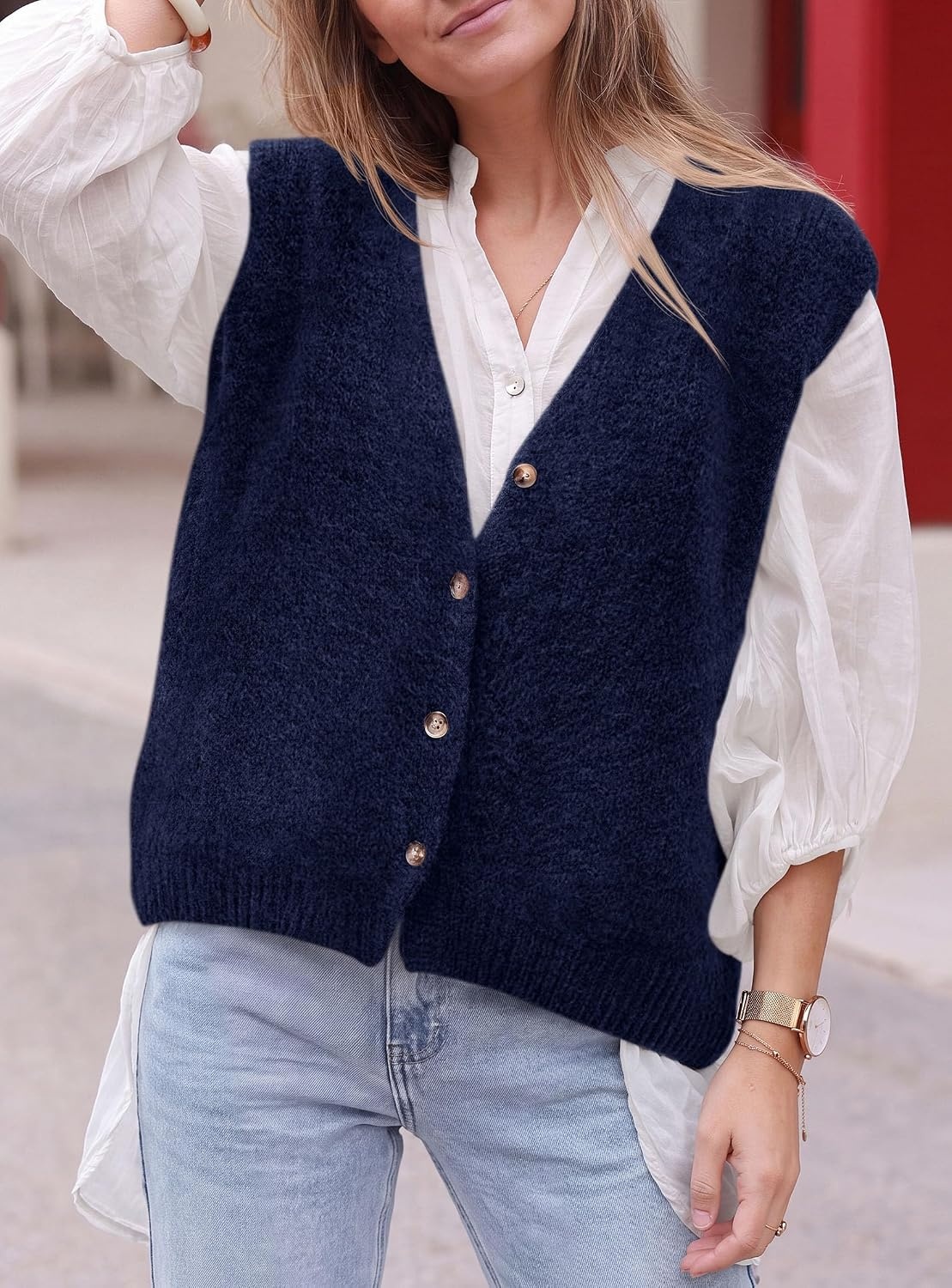 image:imagePRETTYGARDEN Womens Fall Sleeveless Button Down Sweater VestNavy