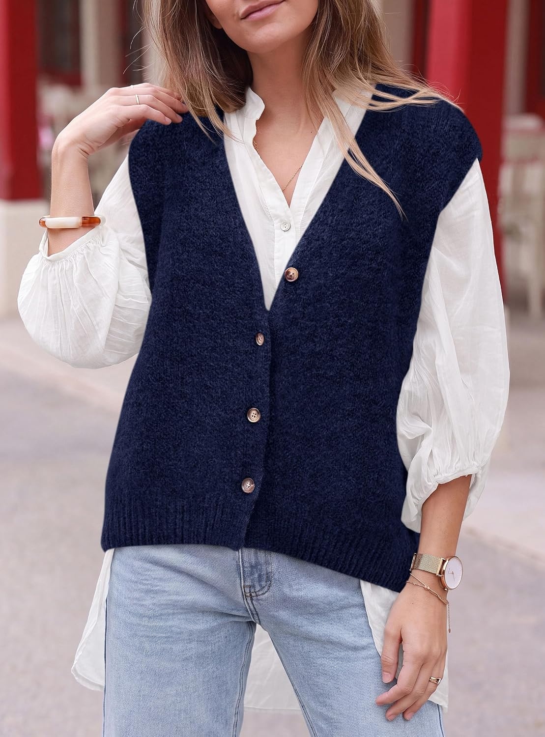 image:imagePRETTYGARDEN Womens Fall Sleeveless Button Down Sweater VestNavy