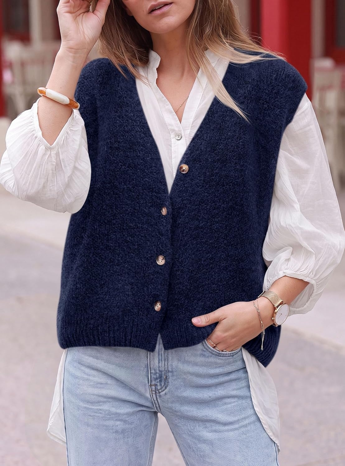 image:imagePRETTYGARDEN Womens Fall Sleeveless Button Down Sweater VestNavy