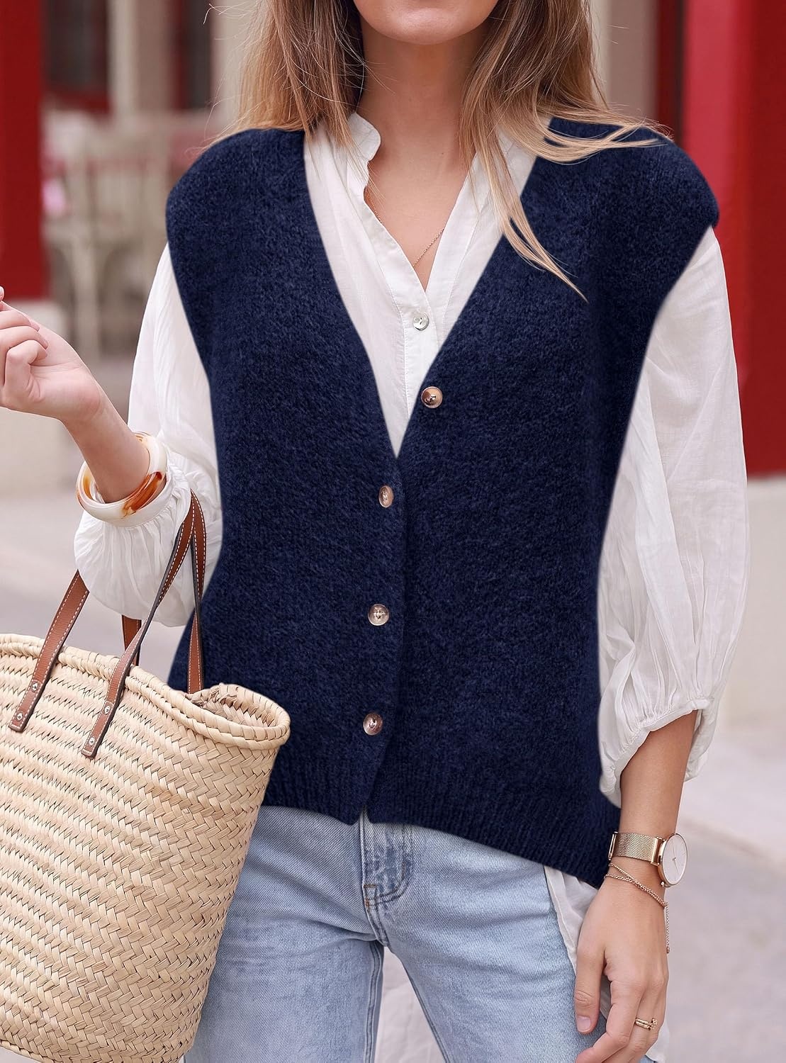 image:imagePRETTYGARDEN Womens Fall Sleeveless Button Down Sweater VestNavy