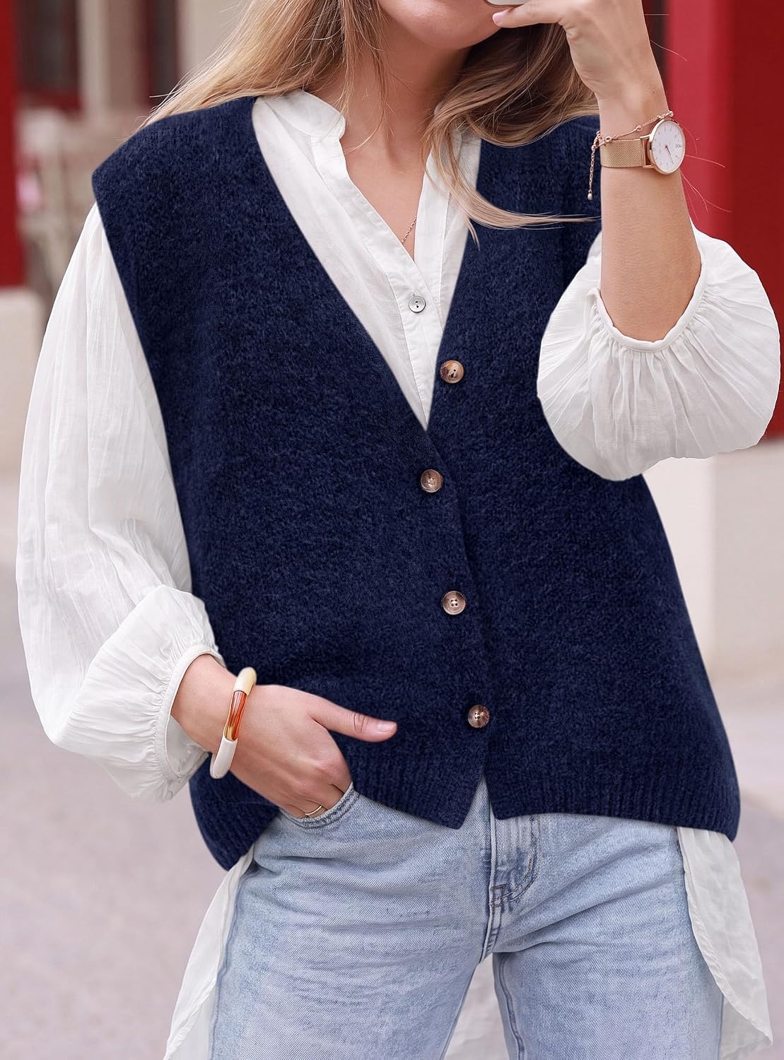 image:imagePRETTYGARDEN Womens Fall Sleeveless Button Down Sweater VestNavy