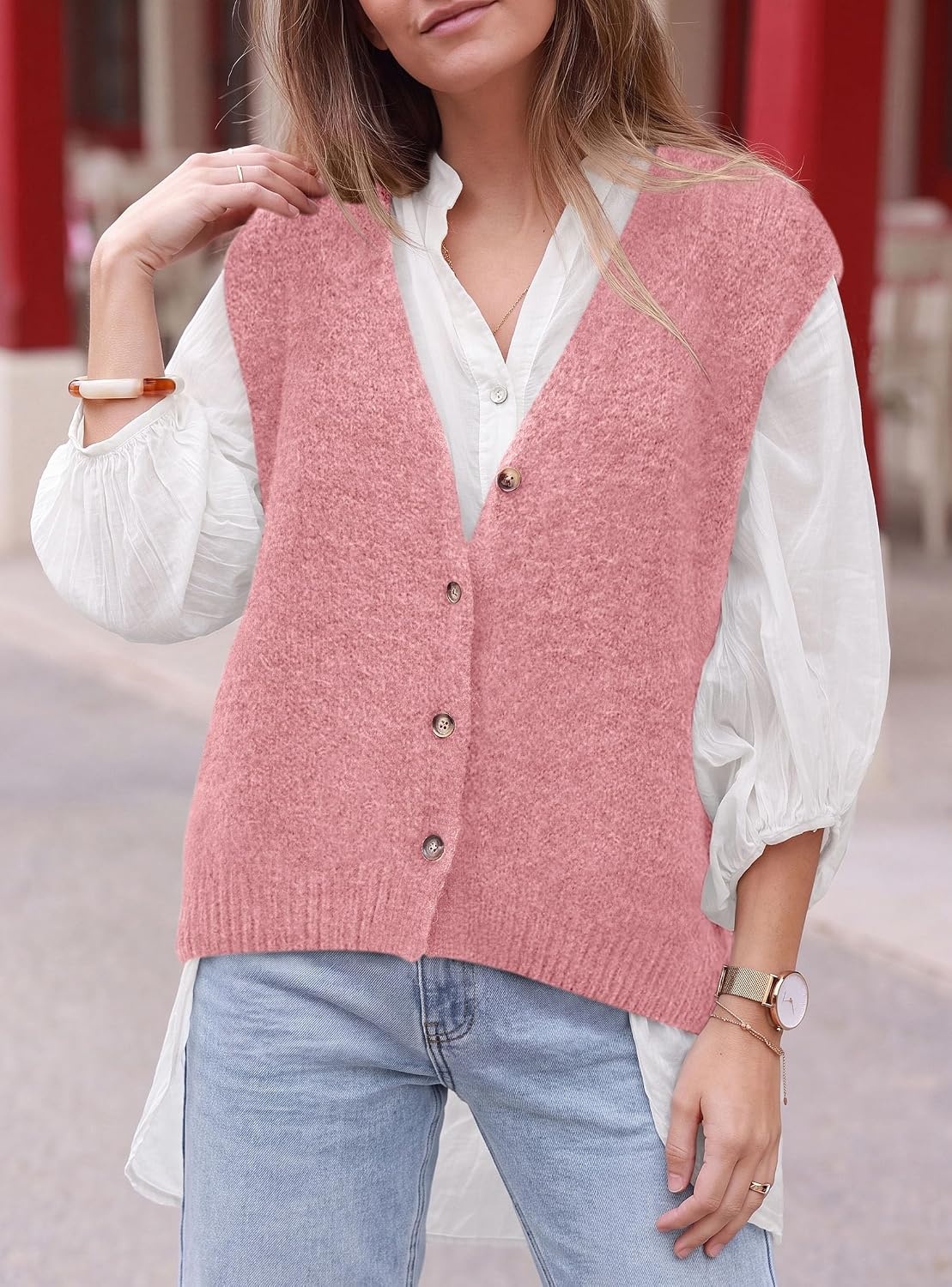 image:imagePRETTYGARDEN Womens Fall Sleeveless Button Down Sweater VestPink