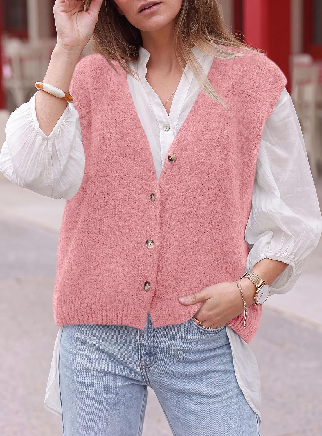 image:imagePRETTYGARDEN Womens Fall Sleeveless Button Down Sweater VestPink