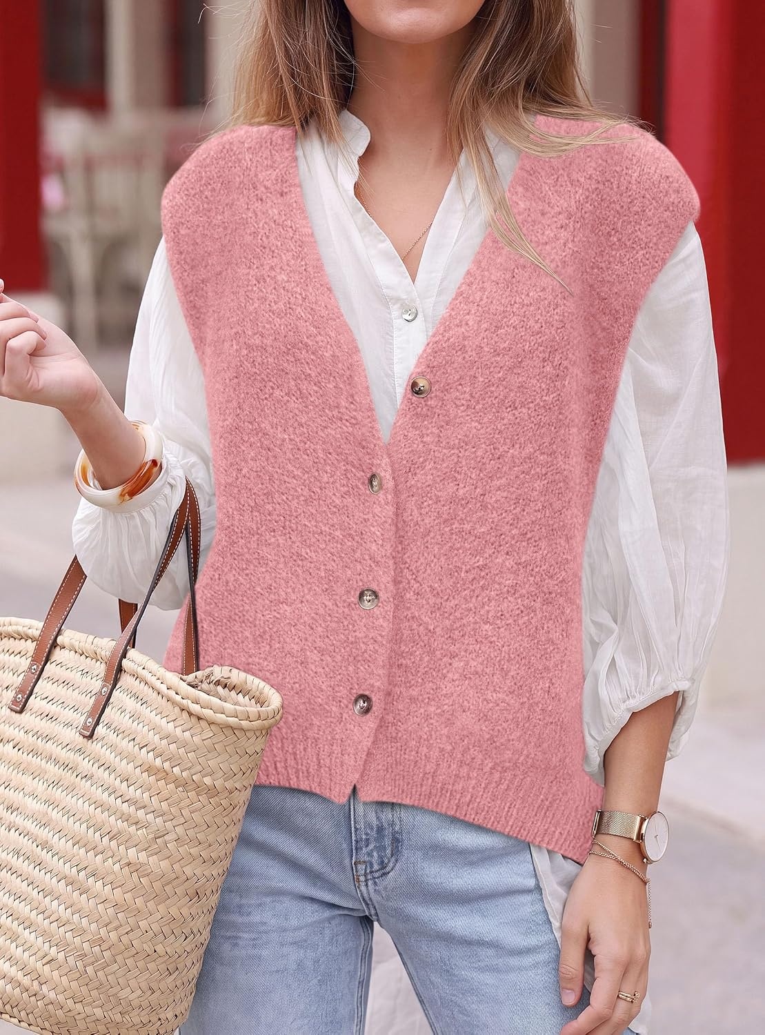 image:imagePRETTYGARDEN Womens Fall Sleeveless Button Down Sweater VestPink