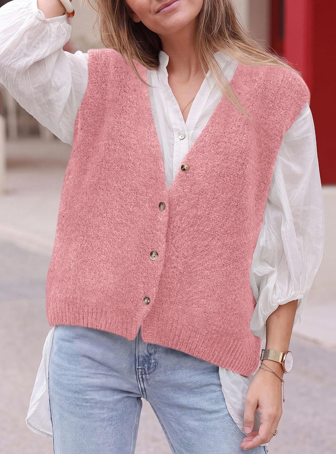 image:imagePRETTYGARDEN Womens Fall Sleeveless Button Down Sweater VestPink