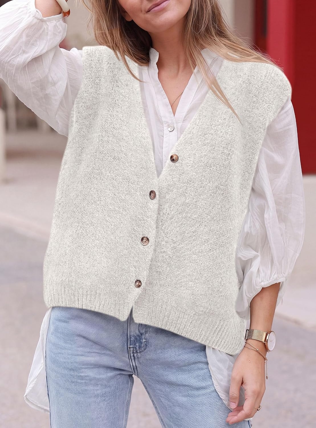 image:imagePRETTYGARDEN Womens Fall Sleeveless Button Down Sweater VestWhite