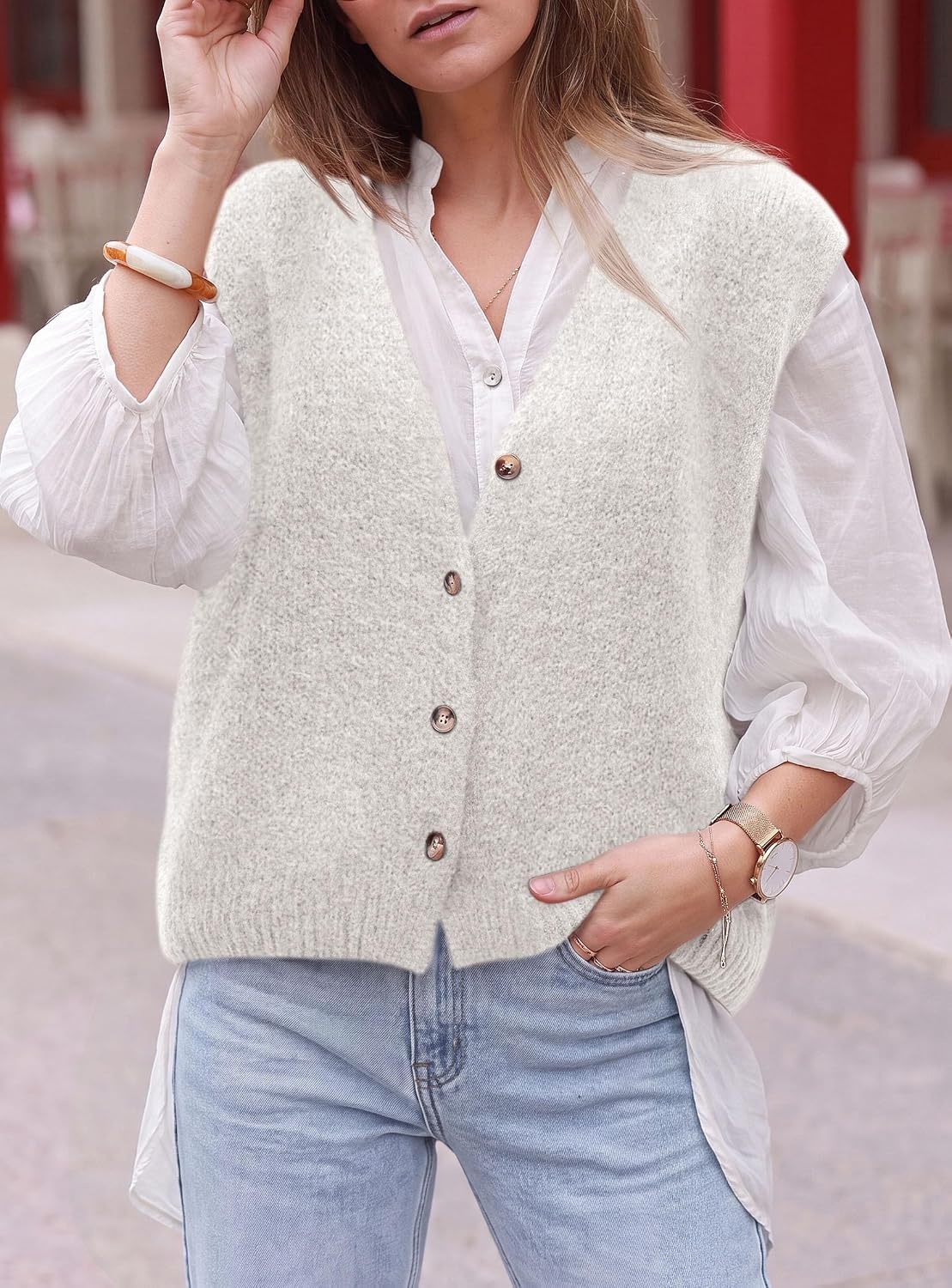 image:imagePRETTYGARDEN Womens Fall Sleeveless Button Down Sweater VestWhite