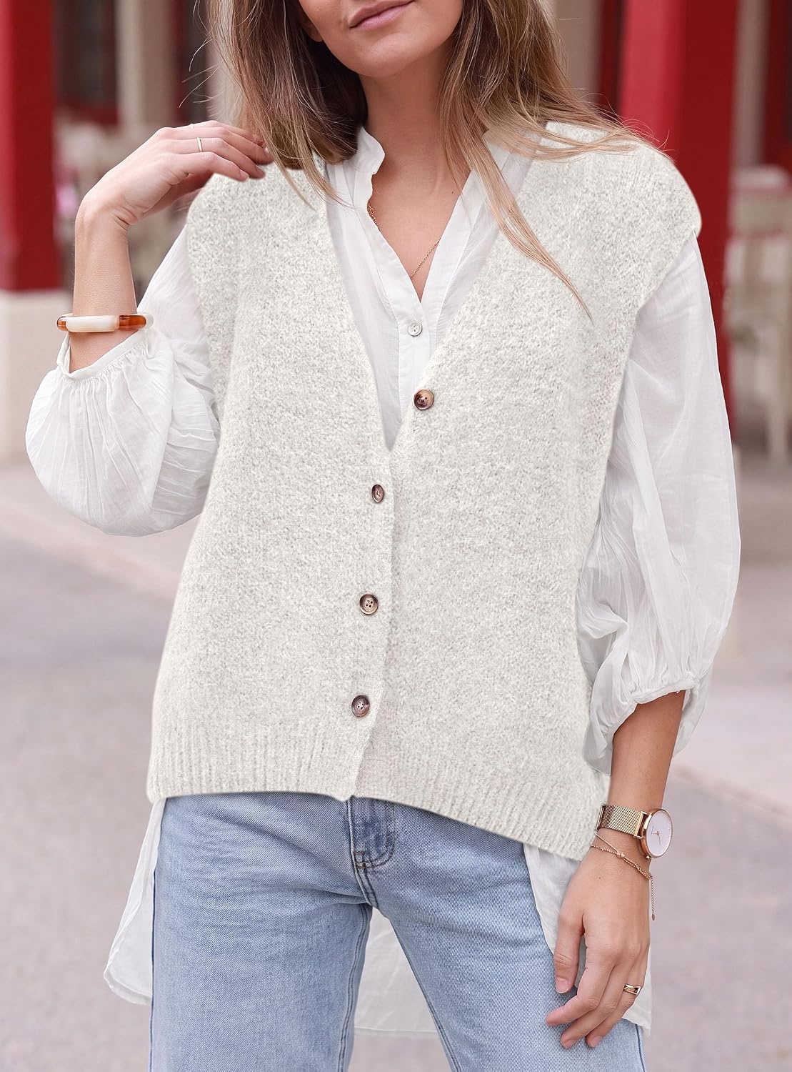 image:imagePRETTYGARDEN Womens Fall Sleeveless Button Down Sweater VestWhite