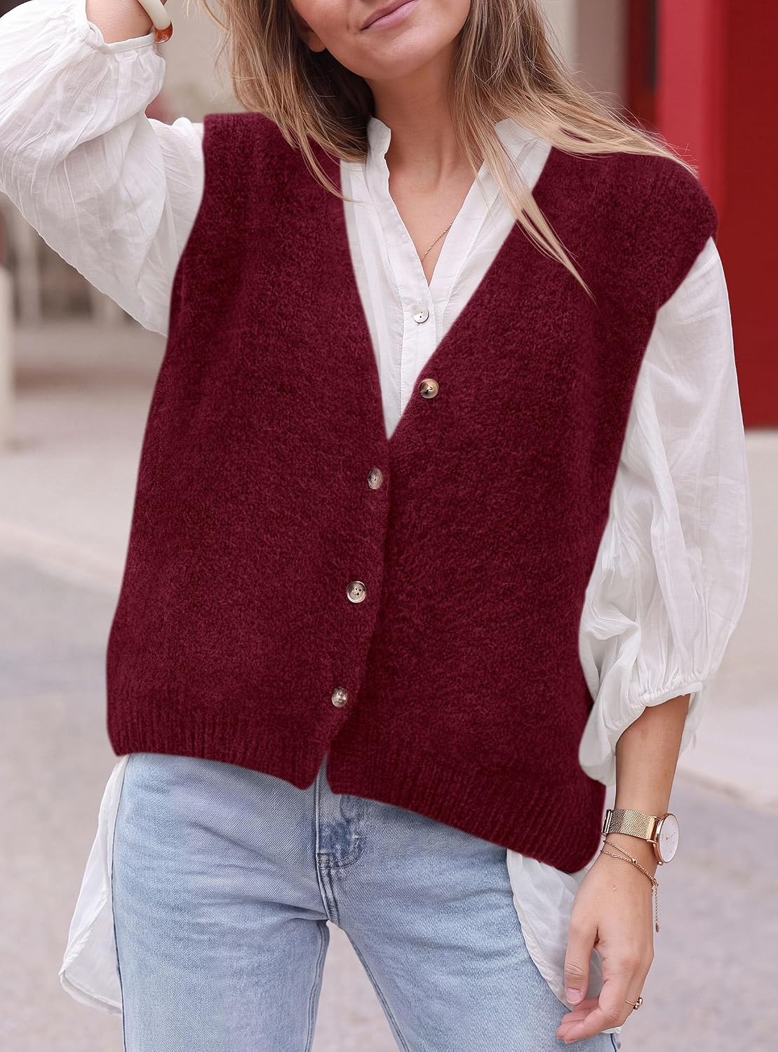 image:imagePRETTYGARDEN Womens Fall Sleeveless Button Down Sweater VestWine Red