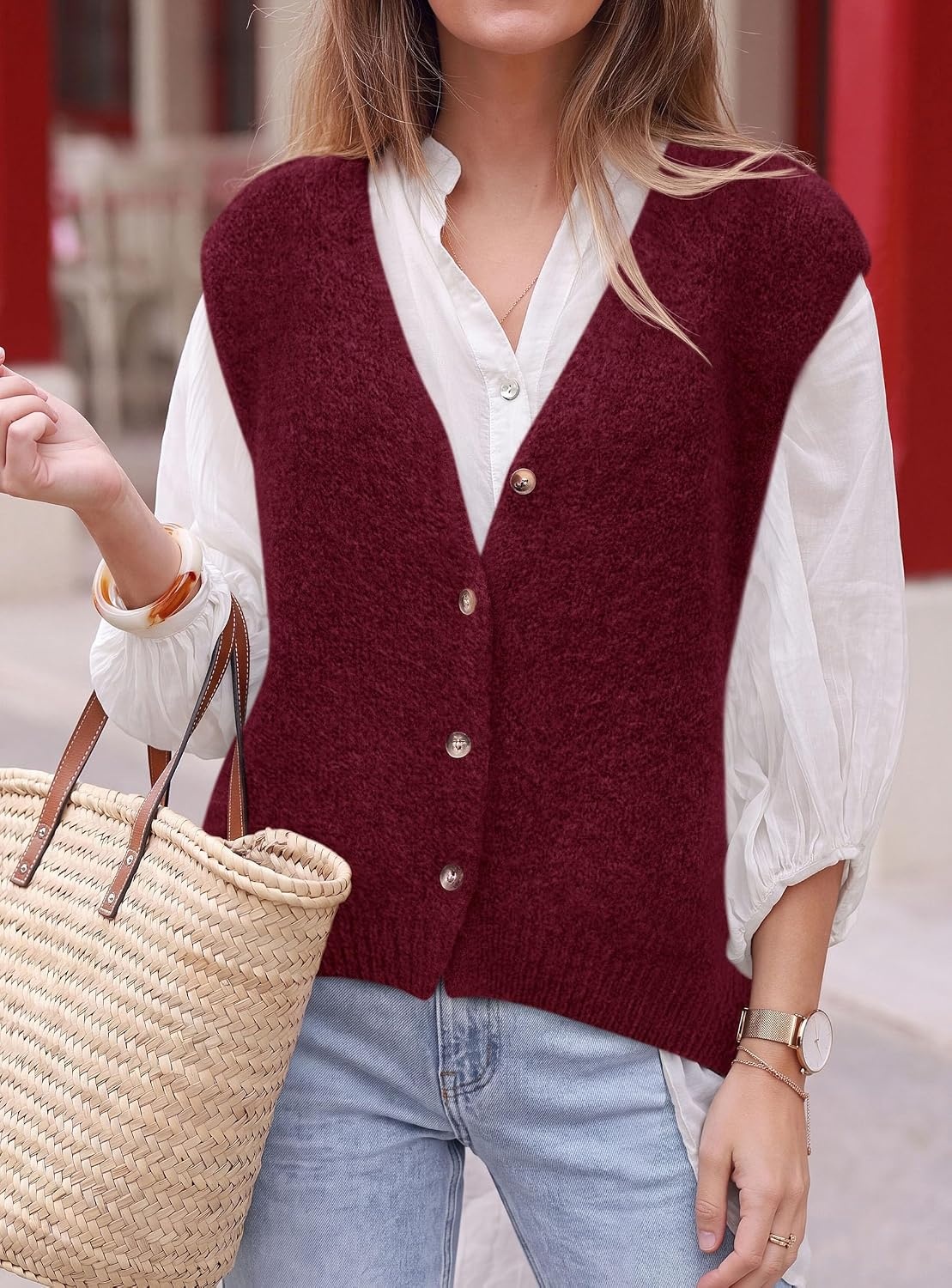 image:imagePRETTYGARDEN Womens Fall Sleeveless Button Down Sweater VestWine Red