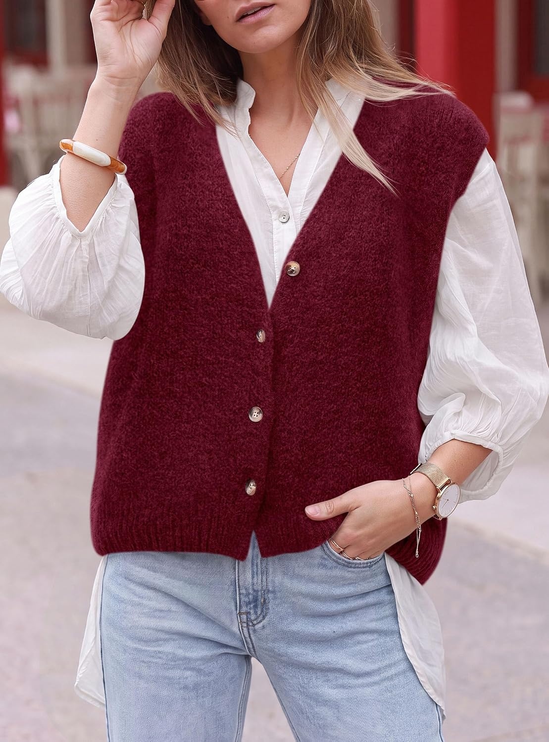 image:imagePRETTYGARDEN Womens Fall Sleeveless Button Down Sweater VestWine Red