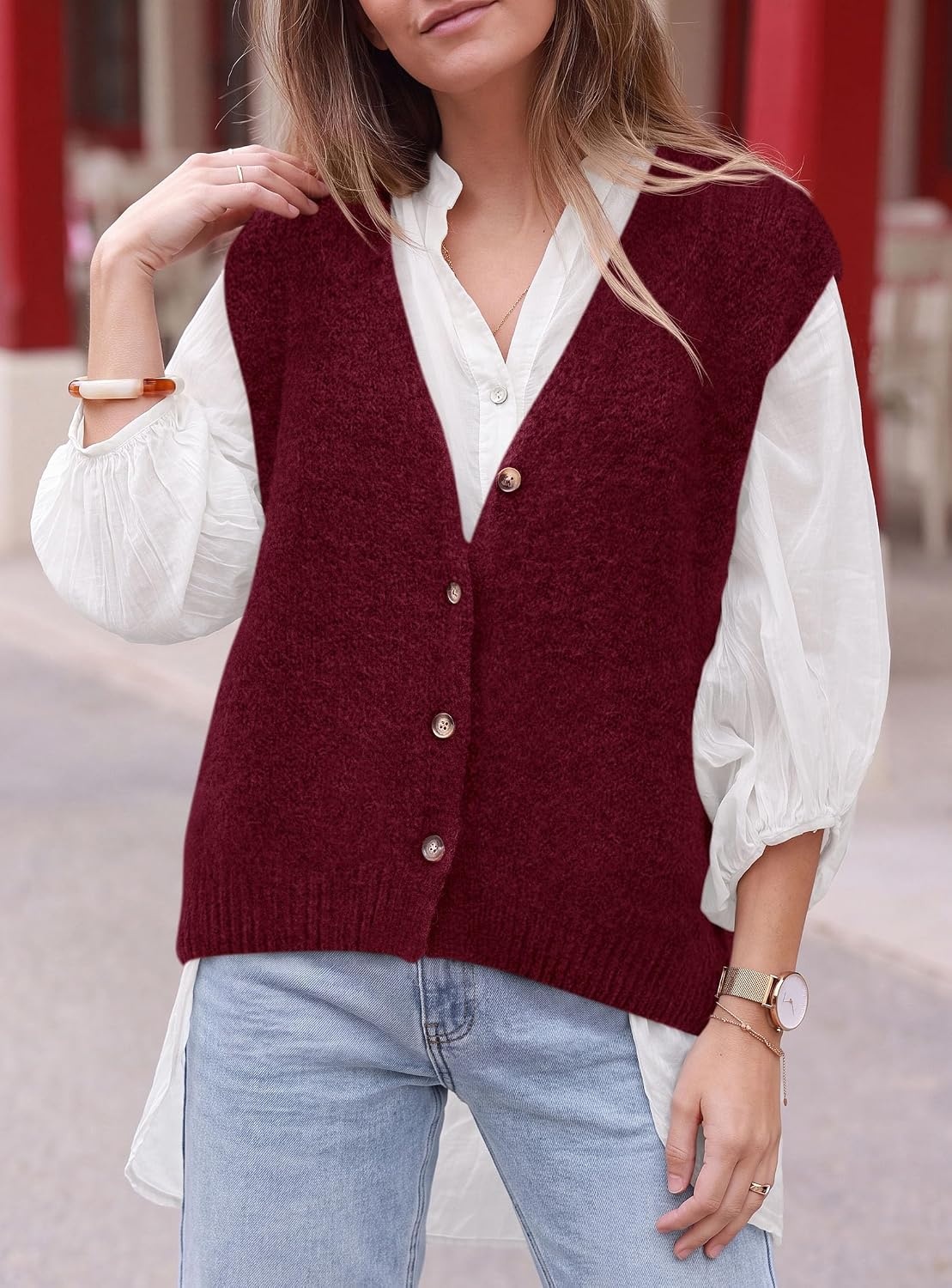 image:imagePRETTYGARDEN Womens Fall Sleeveless Button Down Sweater VestWine Red