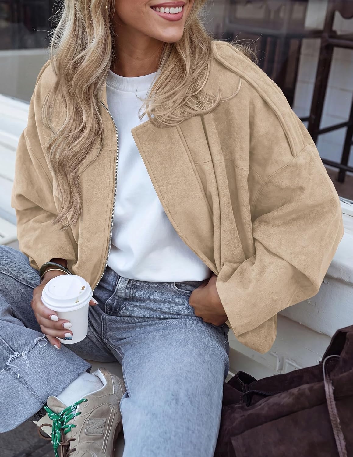 image:imagePRETTYGARDEN Womens Faux Suede Cropped Bomber JacketBeige