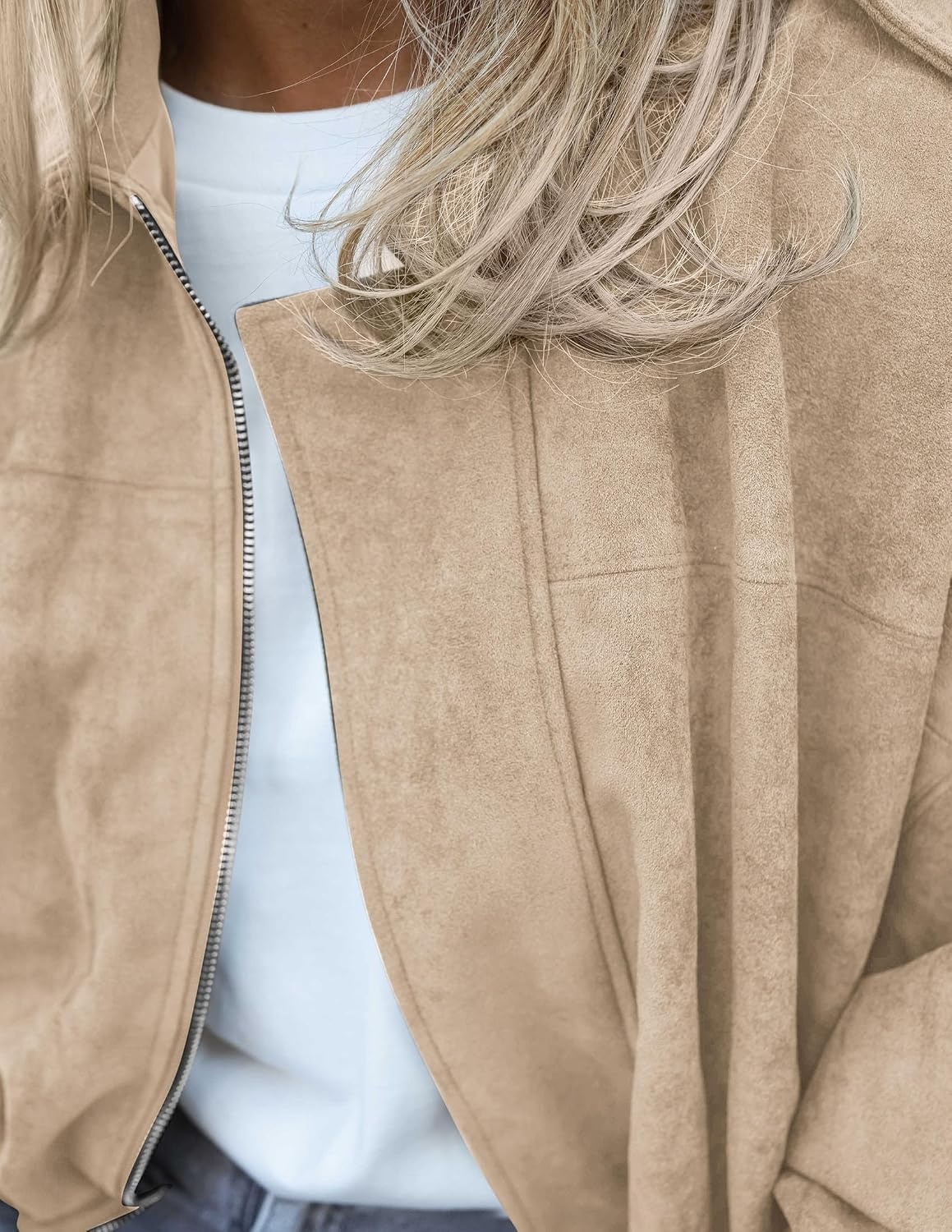 image:imagePRETTYGARDEN Womens Faux Suede Cropped Bomber JacketBeige