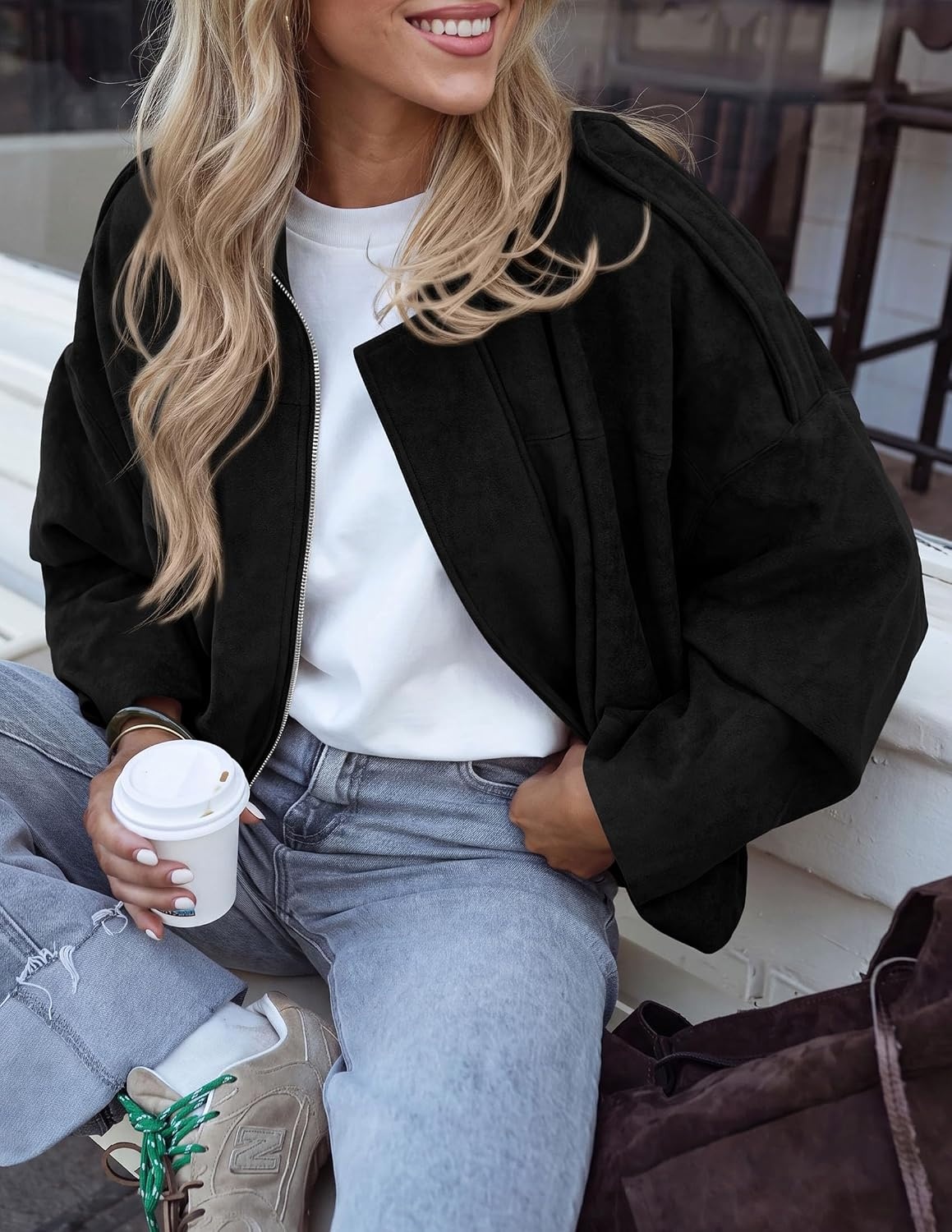 image:imagePRETTYGARDEN Womens Faux Suede Cropped Bomber JacketBlack