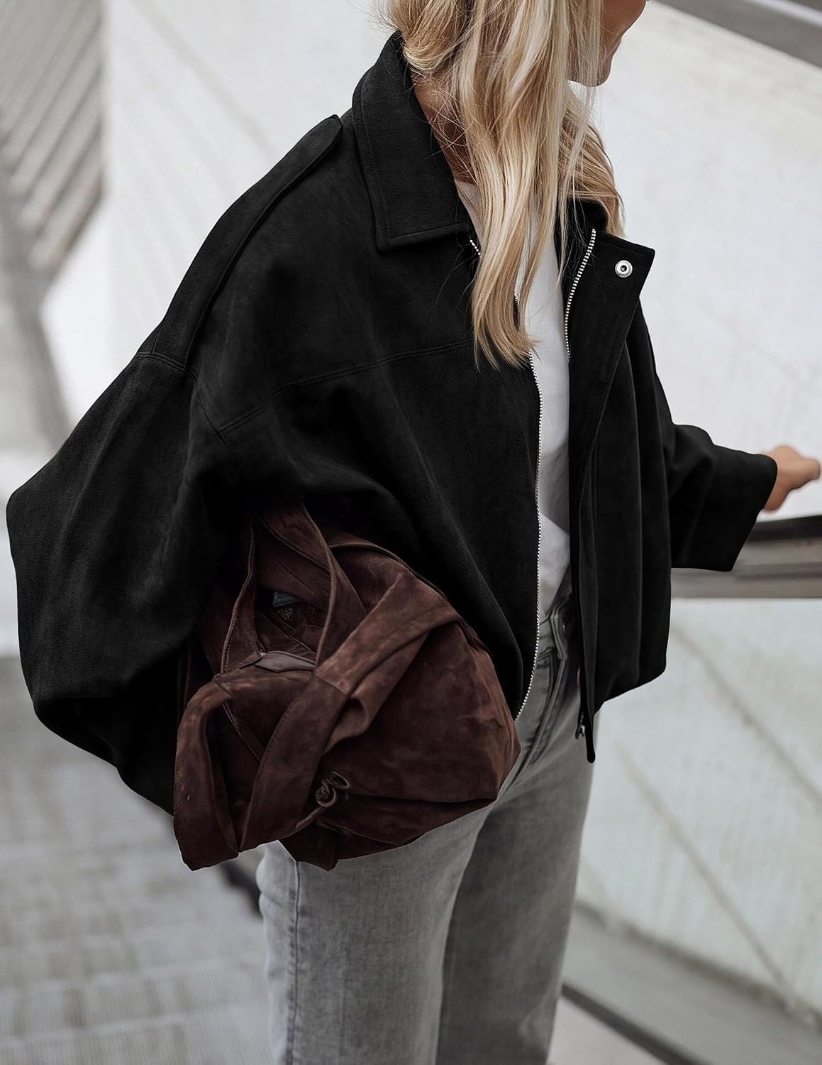 image:imagePRETTYGARDEN Womens Faux Suede Cropped Bomber JacketBlack