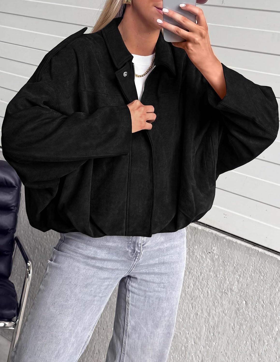 image:imagePRETTYGARDEN Womens Faux Suede Cropped Bomber JacketBlack