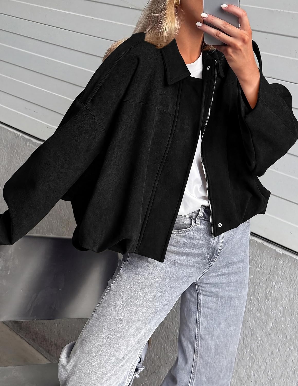 image:imagePRETTYGARDEN Womens Faux Suede Cropped Bomber JacketBlack