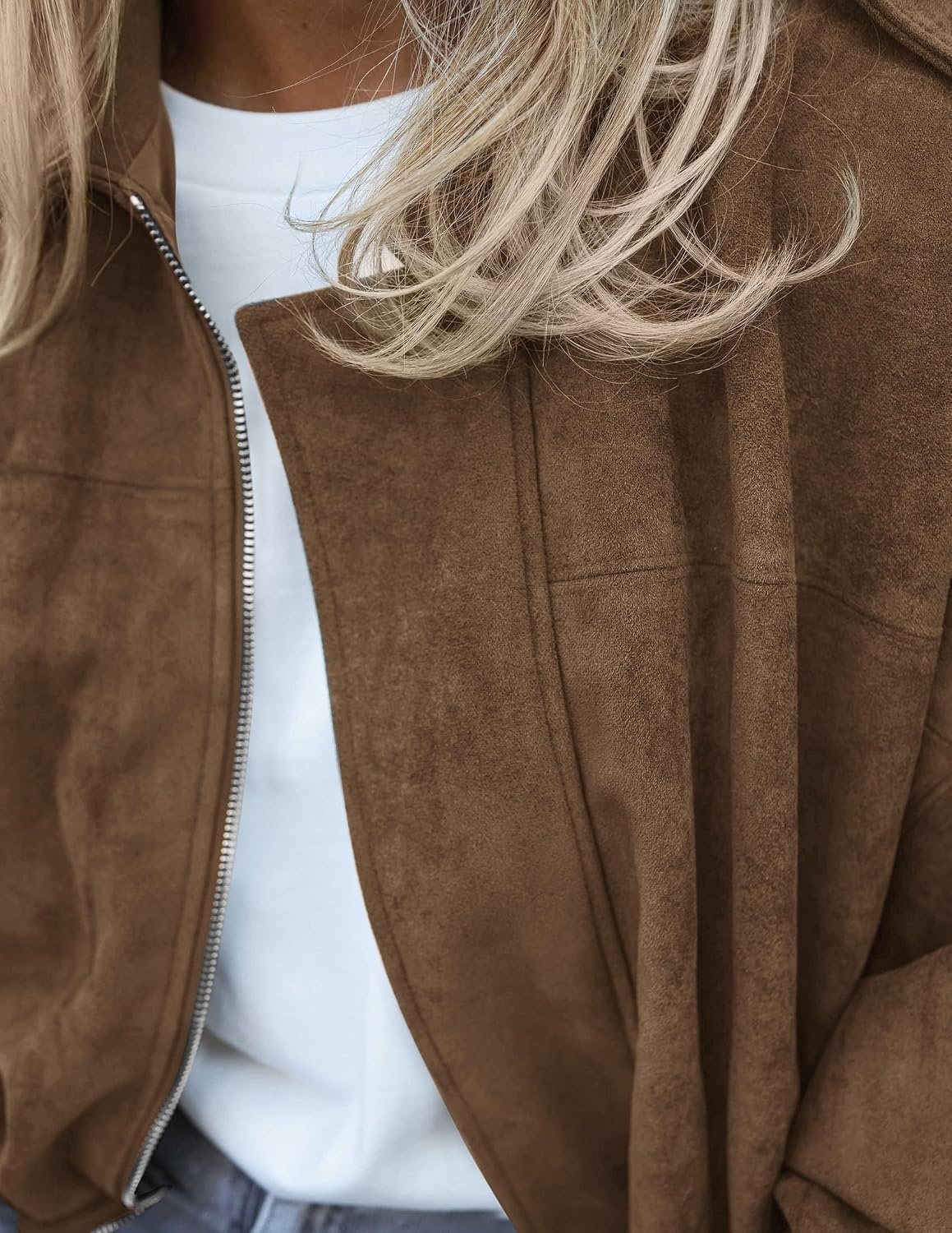 image:imagePRETTYGARDEN Womens Faux Suede Cropped Bomber JacketBrown