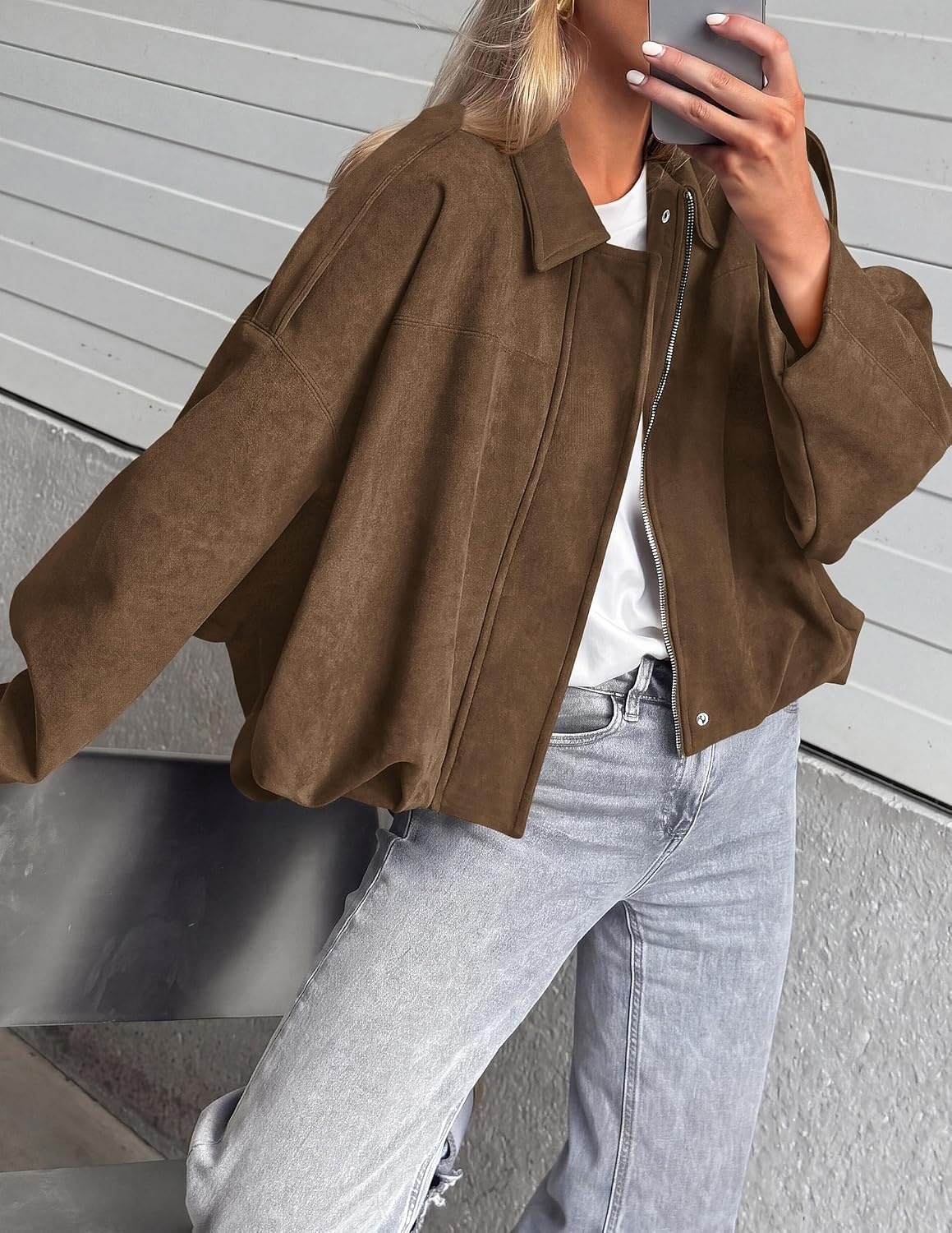 image:imagePRETTYGARDEN Womens Faux Suede Cropped Bomber JacketBrown