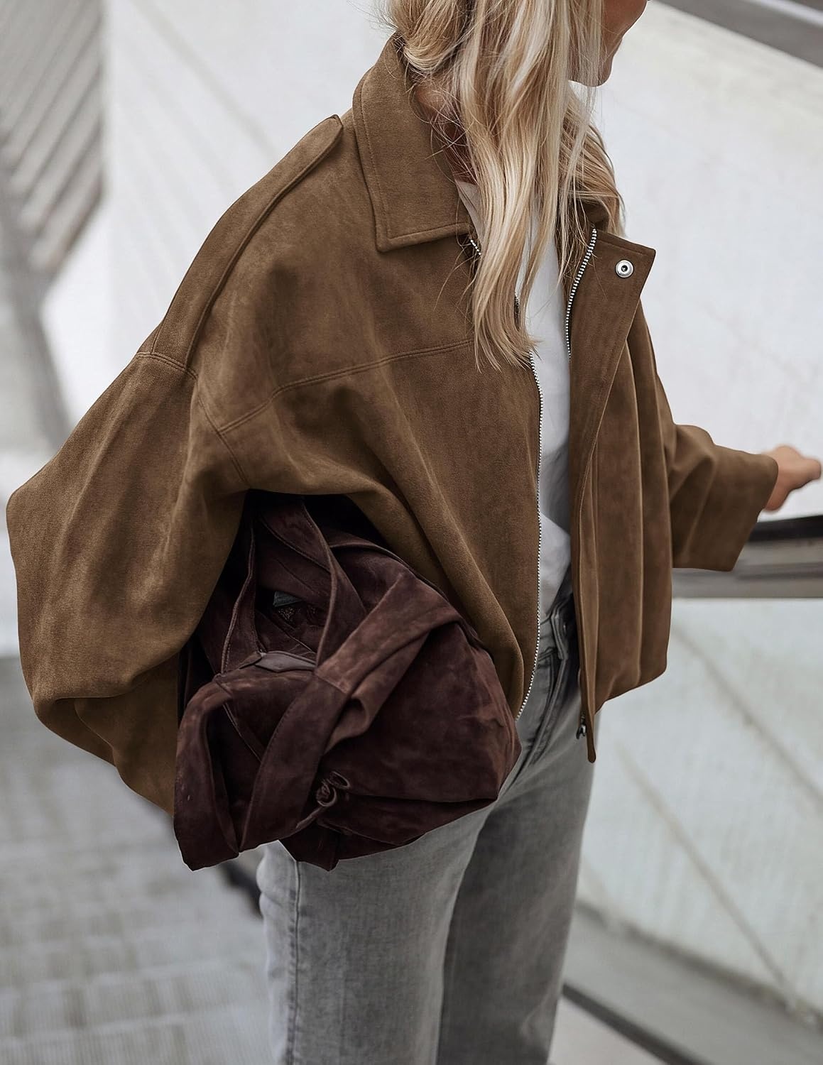 image:imagePRETTYGARDEN Womens Faux Suede Cropped Bomber JacketBrown