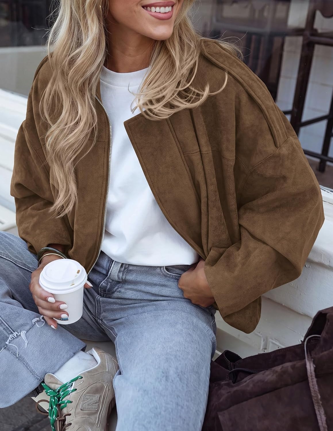 image:imagePRETTYGARDEN Womens Faux Suede Cropped Bomber JacketBrown