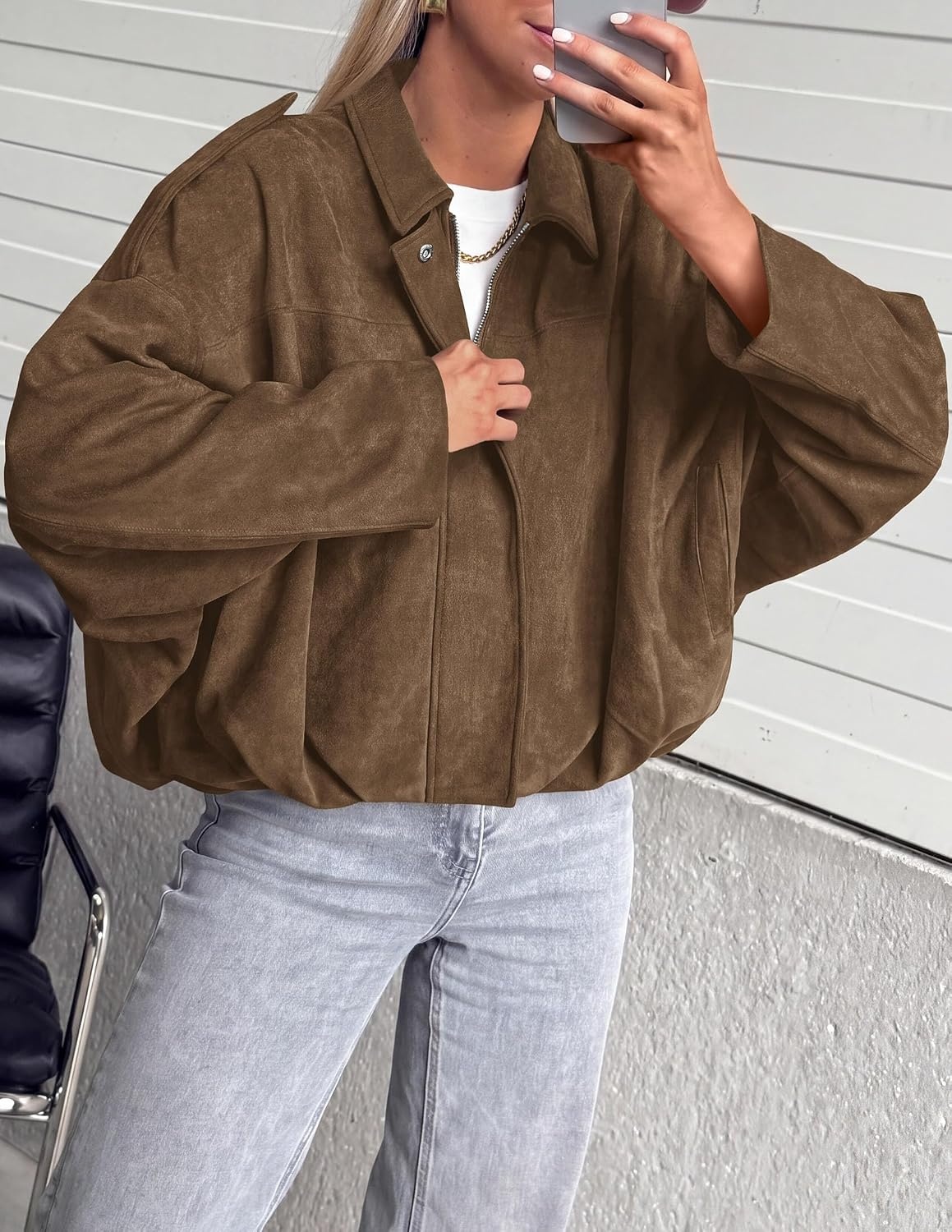 image:imagePRETTYGARDEN Womens Faux Suede Cropped Bomber JacketBrown