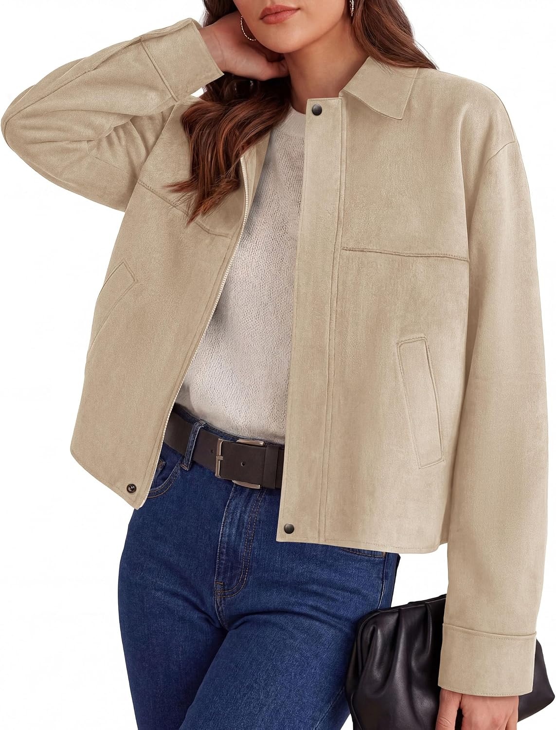 image:imagePRETTYGARDEN Womens Faux Suede Cropped Fall JacketsBeige