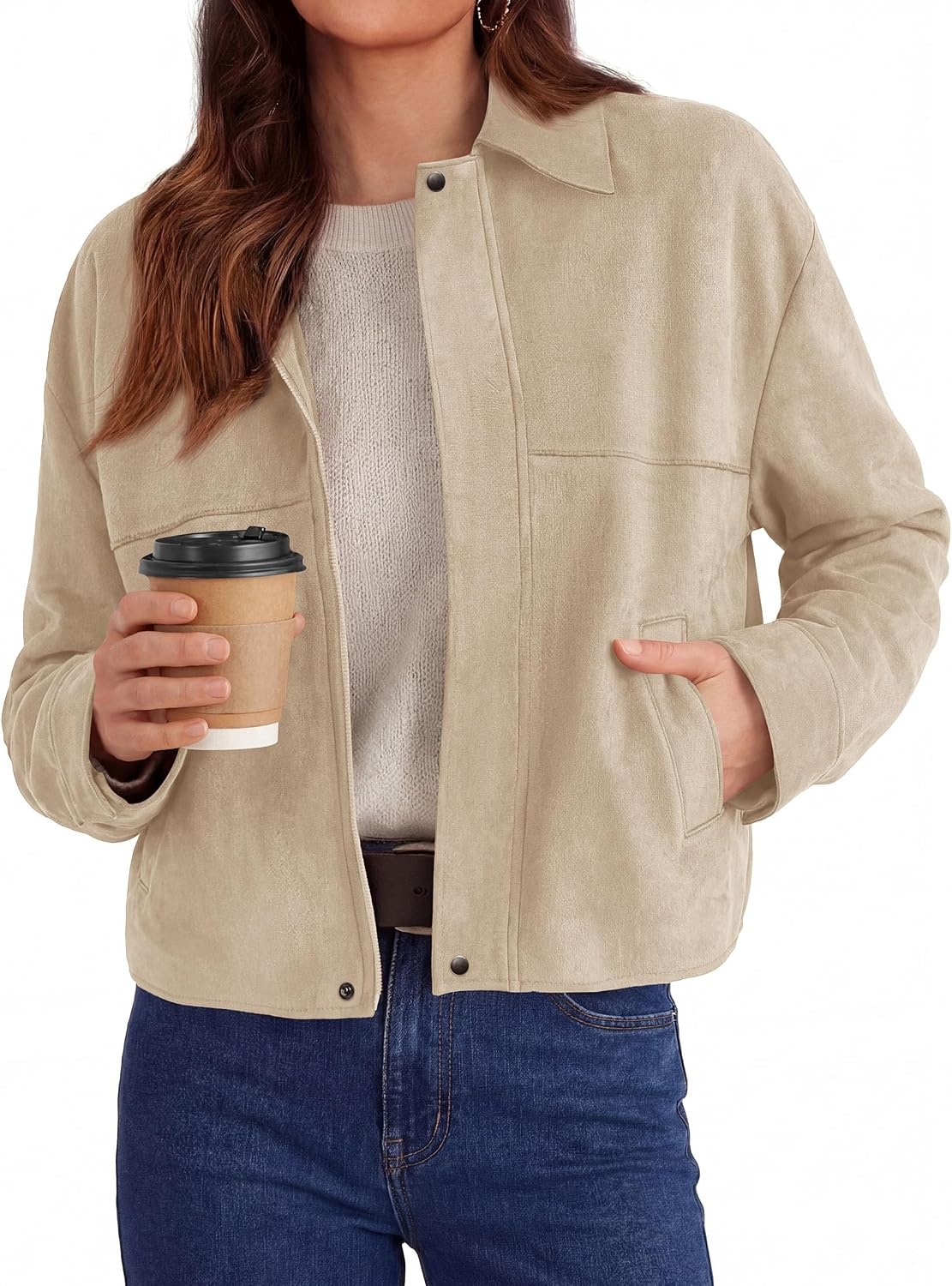 image:imagePRETTYGARDEN Womens Faux Suede Cropped Fall JacketsBeige