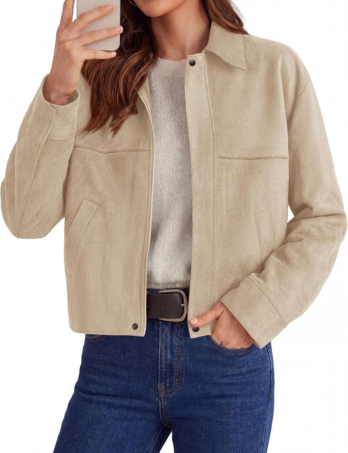 image:imagePRETTYGARDEN Womens Faux Suede Cropped Fall JacketsBeige