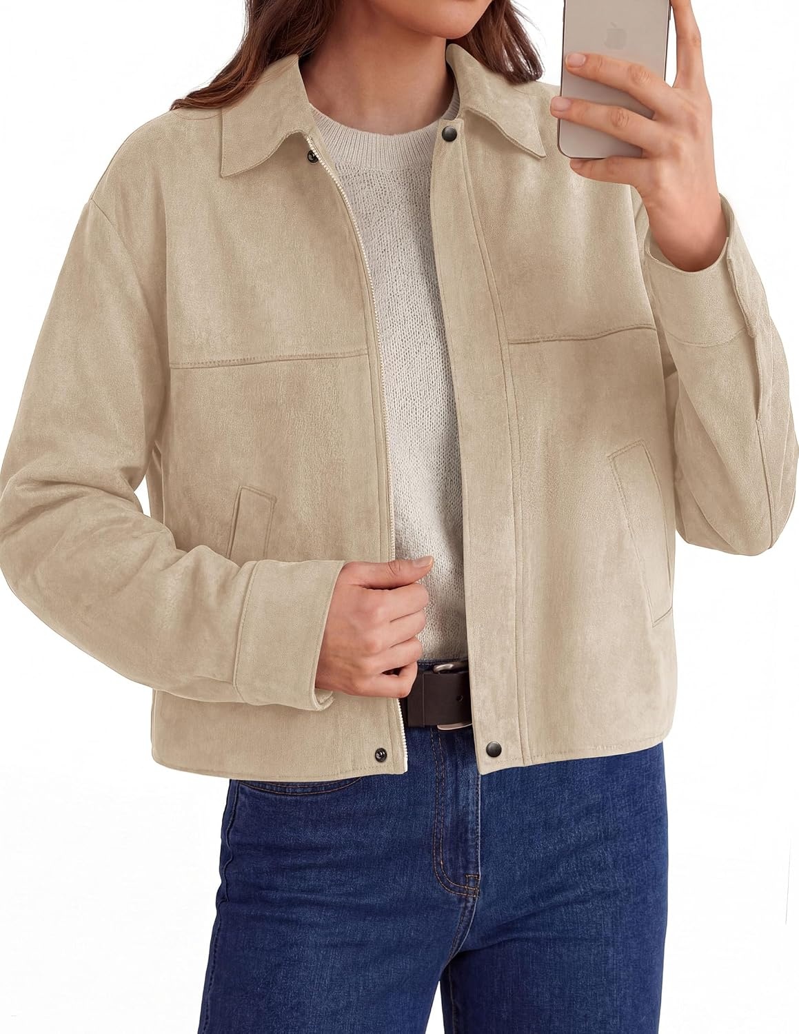 image:imagePRETTYGARDEN Womens Faux Suede Cropped Fall JacketsBeige