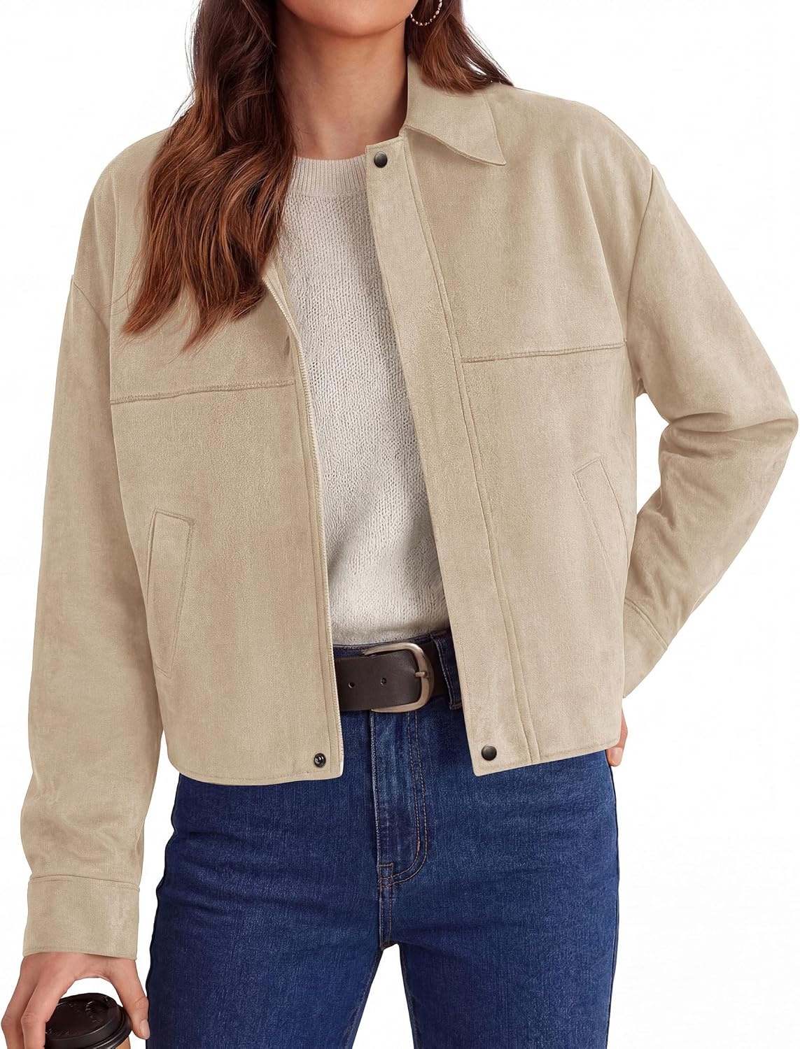 image:imagePRETTYGARDEN Womens Faux Suede Cropped Fall JacketsBeige