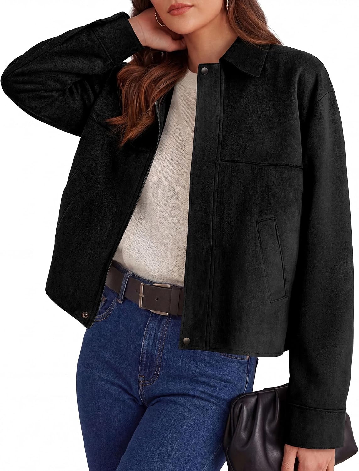 image:imagePRETTYGARDEN Womens Faux Suede Cropped Fall JacketsBlack