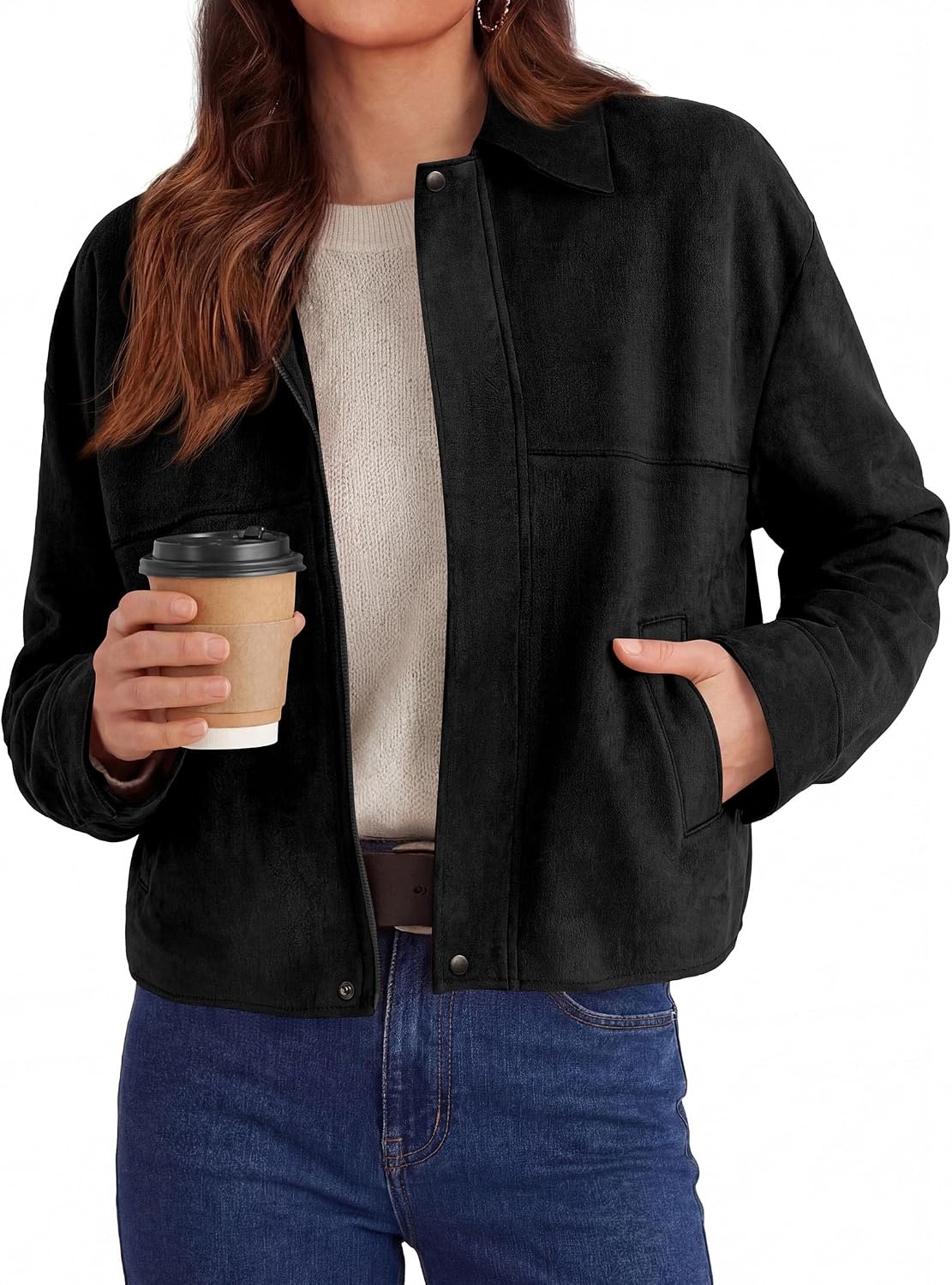 image:imagePRETTYGARDEN Womens Faux Suede Cropped Fall JacketsBlack