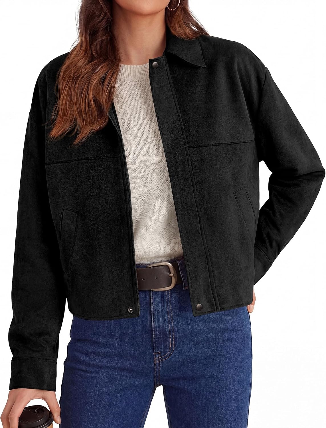 image:imagePRETTYGARDEN Womens Faux Suede Cropped Fall JacketsBlack