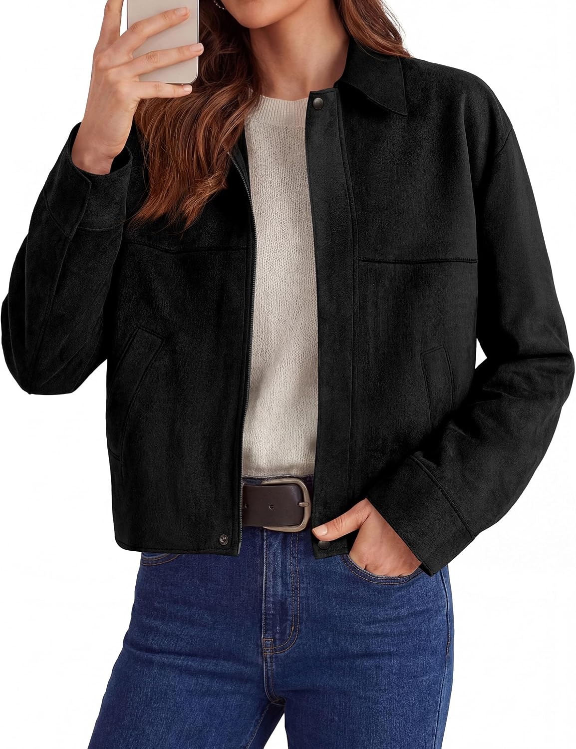 image:imagePRETTYGARDEN Womens Faux Suede Cropped Fall JacketsBlack