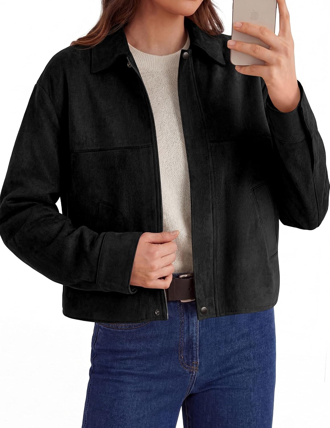 image:imagePRETTYGARDEN Womens Faux Suede Cropped Fall JacketsBlack
