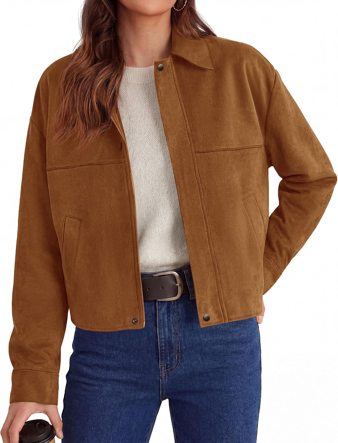 image:imagePRETTYGARDEN Womens Faux Suede Cropped Fall JacketsBrown