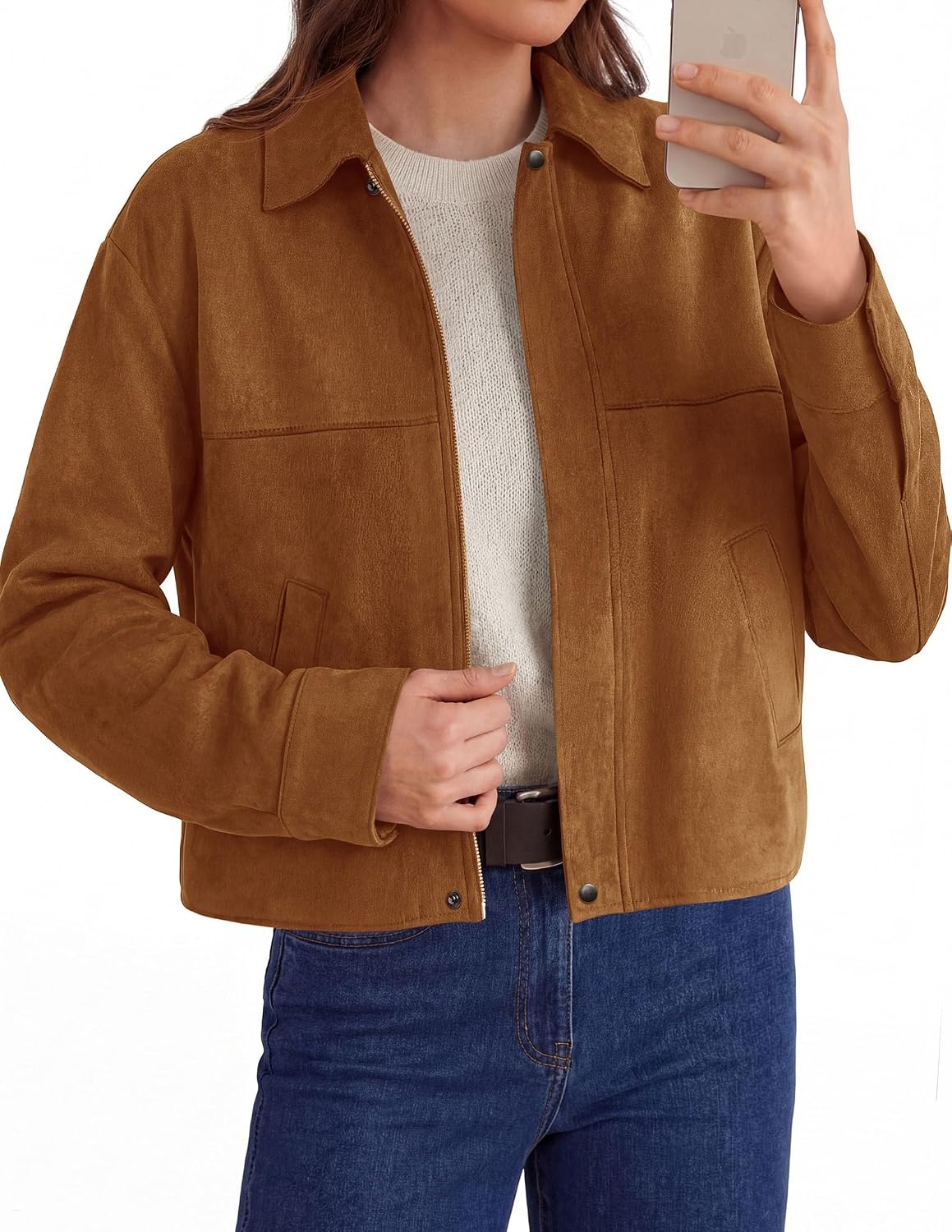 image:imagePRETTYGARDEN Womens Faux Suede Cropped Fall JacketsBrown