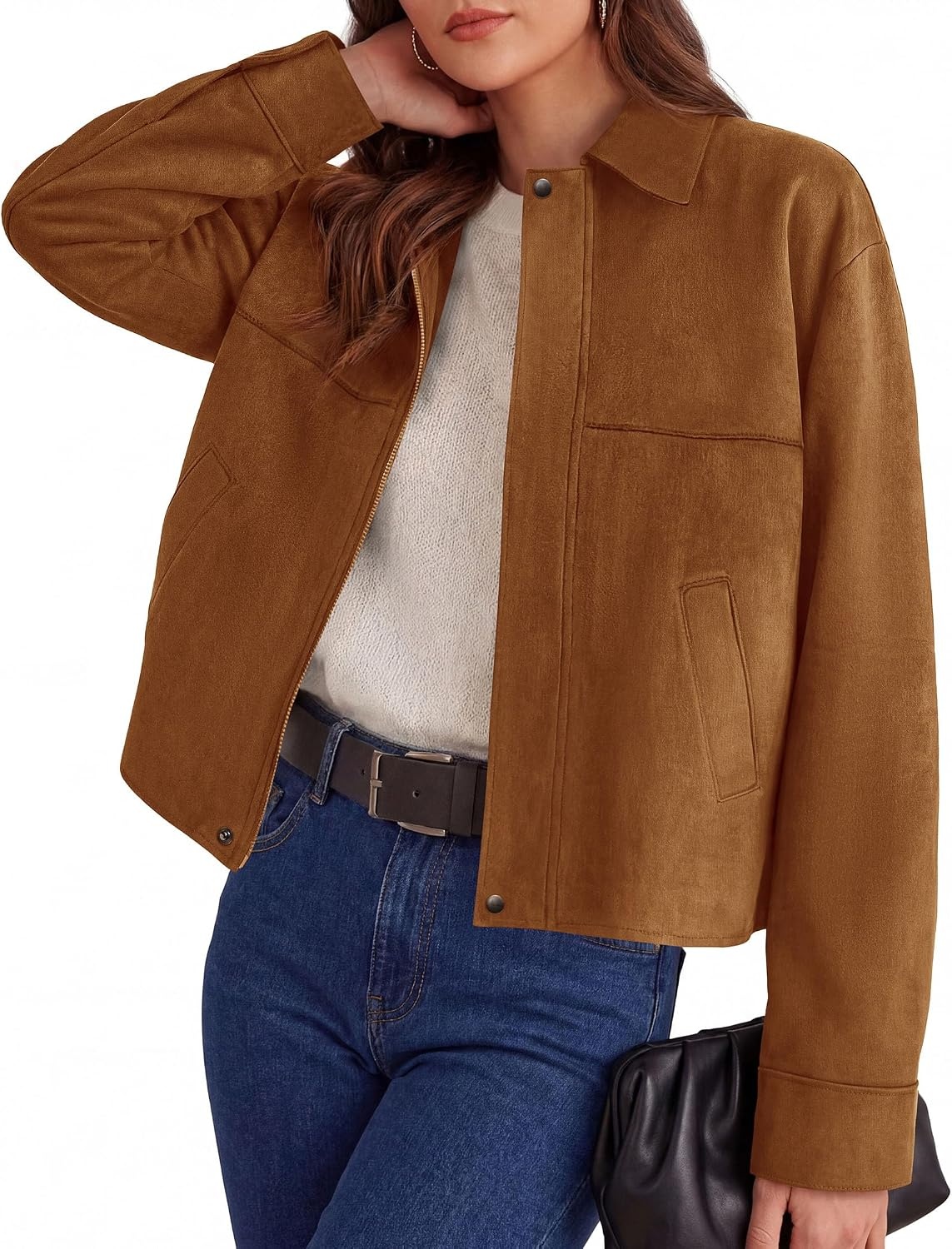image:imagePRETTYGARDEN Womens Faux Suede Cropped Fall JacketsBrown